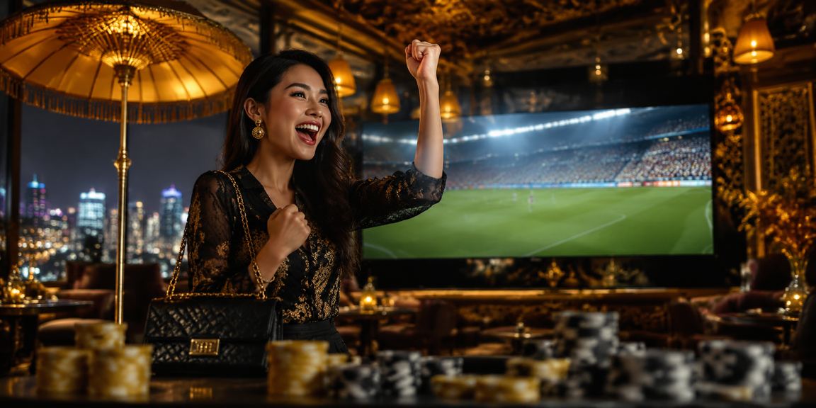Model cantik berpose di depan meja casino Vietnam yang bercahaya dan penuh semangat