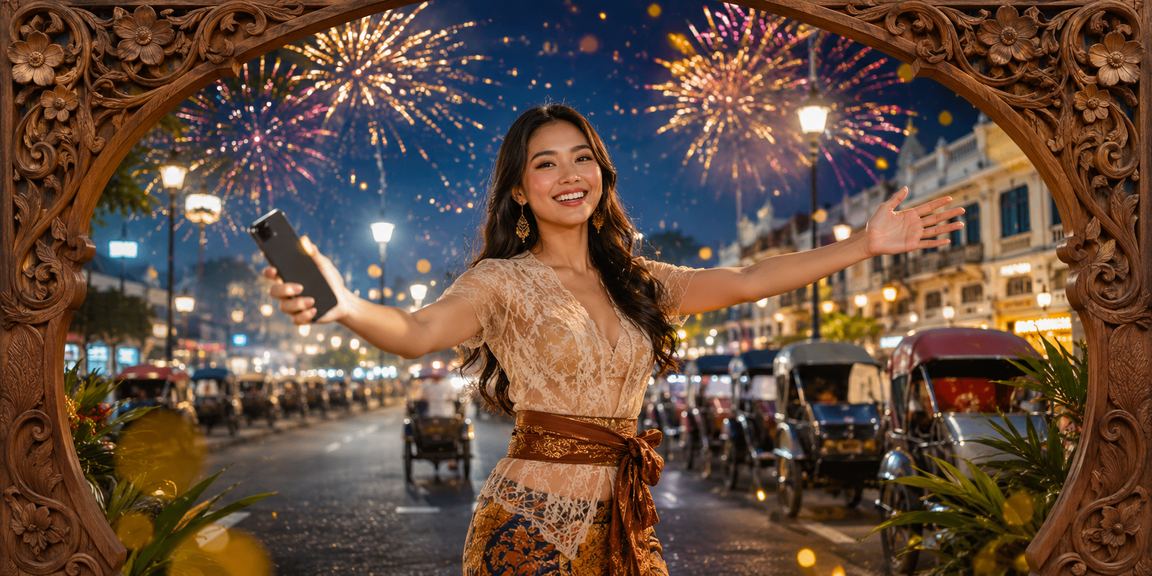 Suasana festival dengan pemain antusias mengakses casino mobile di tengah keramaian