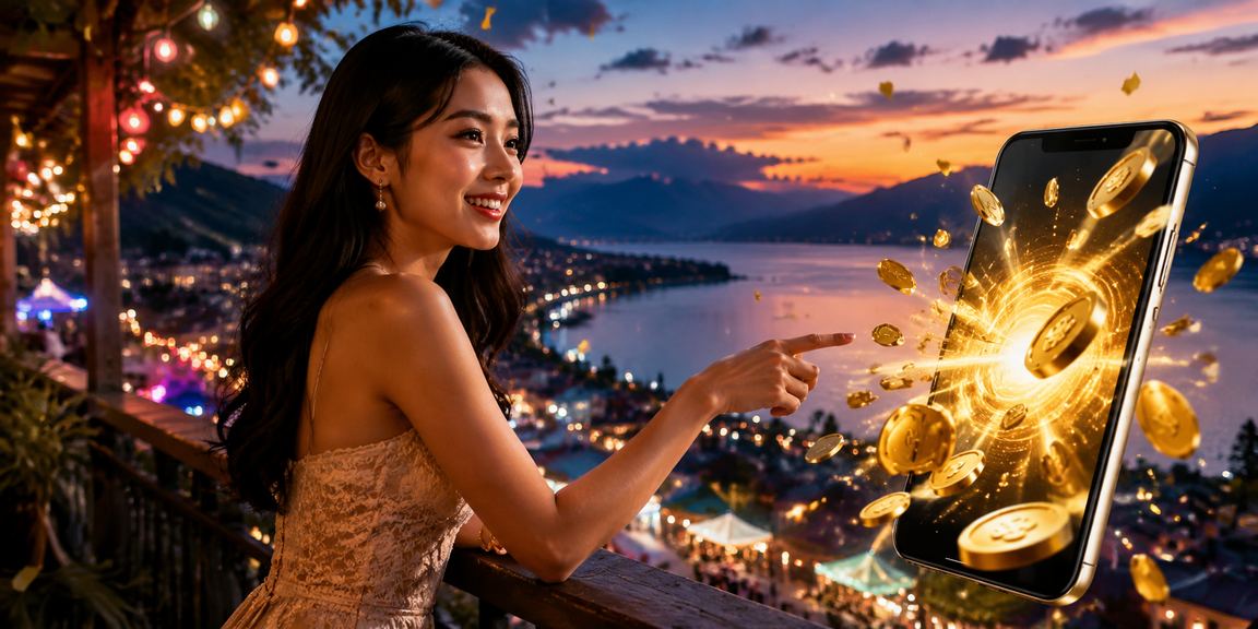Pemain mengakses platform casino mobile di pasar malam yang ramai dengan lampu berwarna cerah