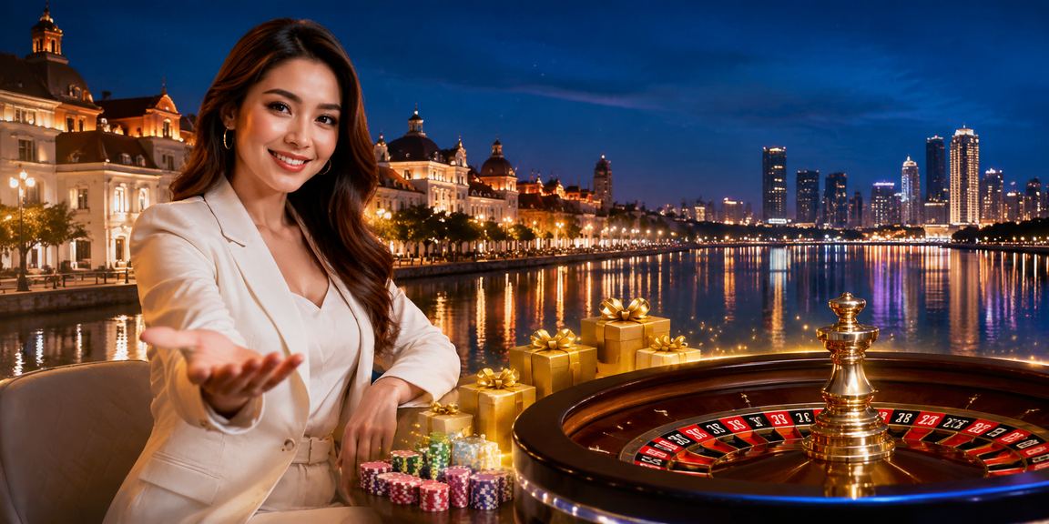 Model perempuan elegan duduk di meja roulette kasino dengan ekspresi percaya diri