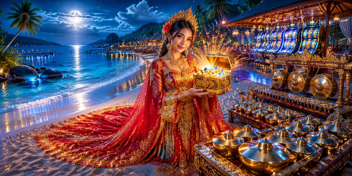 Suasana permainan slot seru di tepi pantai dengan nuansa kasino Vietnam